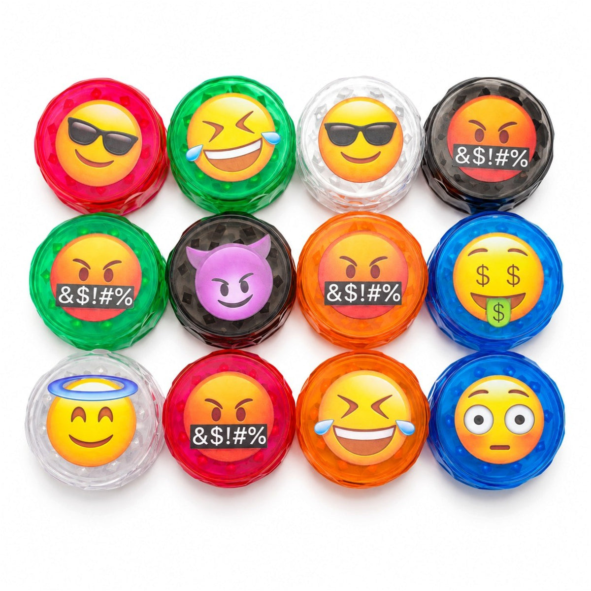 58mm x 45mm Emoji 4-Part Plastic Herb Grinder – 12PCS Display Display Pack Super Supplys Inc