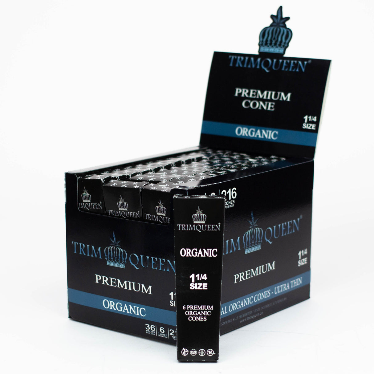 Trim Queen®️ Premium Pre Rolled Cones. Organic 1 1/4" Size. Display Case of 36 Pre-rolled Cone (Display Pack) Trim Queen