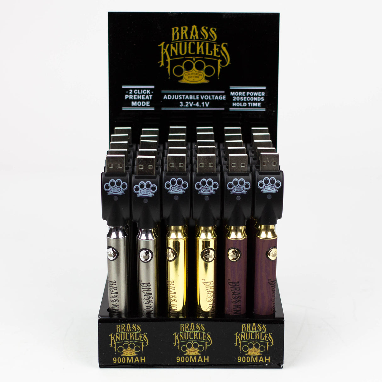900 mAh Brass Knuckles Vape Battery Display of 30 510 Battery ONE Silver/ Gold / Wood