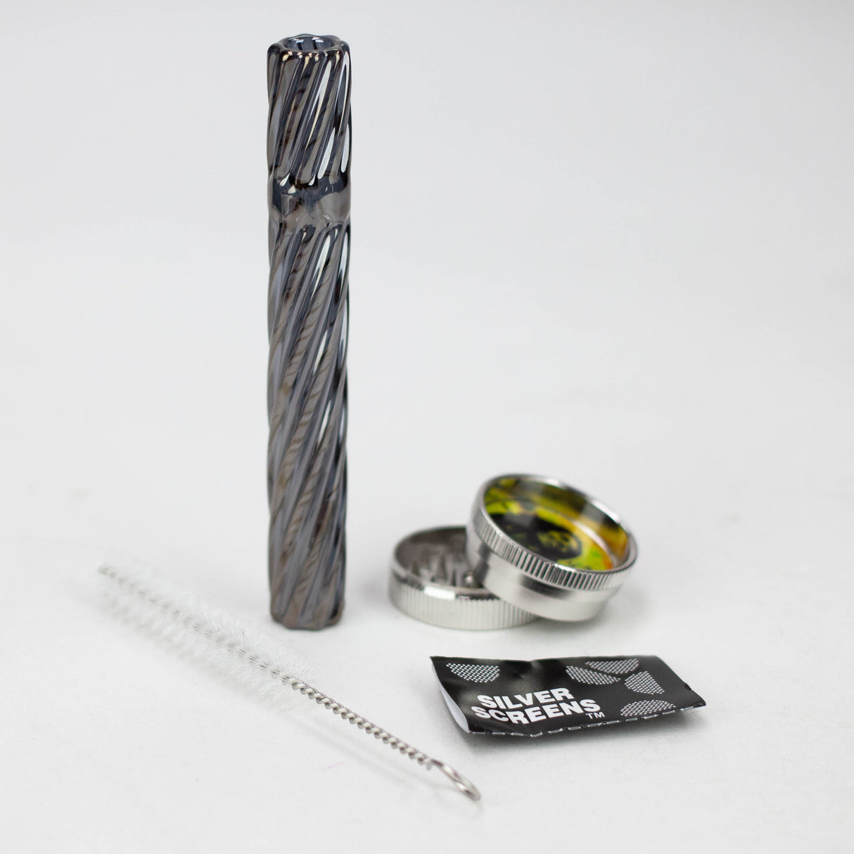 Glass one hitter, Grinder and screen gift set, grinder with Cleaning Brush, Screens and Case Metal Pipe BANKA