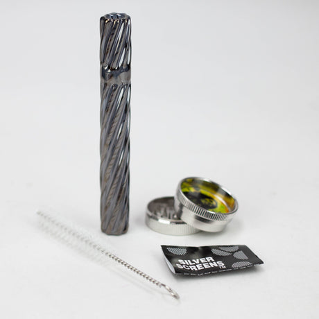 Glass one hitter, Grinder and screen gift set, grinder with Cleaning Brush, Screens and Case Metal Pipe BANKA