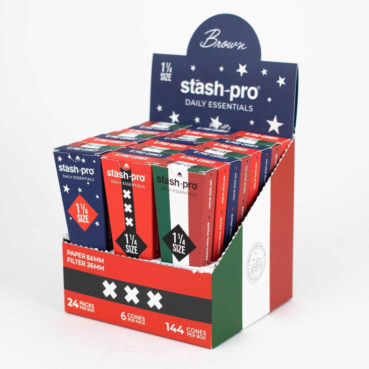 Stash-Pro | Unbleached (Brown) Pro 6 Cones box of 24 Pre-rolled Cone (Display Pack) Stash-Pro 1 1/4 Size