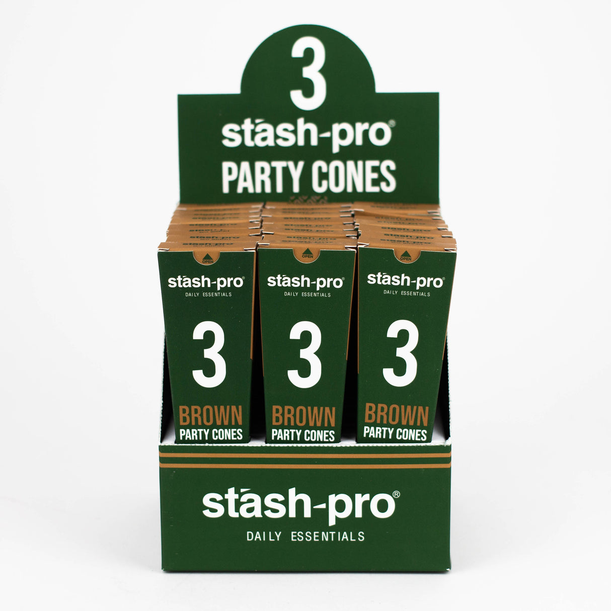 Stash-Pro | Unbleached (Brown) Party Pack 3 Cones box of 24 Pre-rolled Cone (Display Pack) Stash-Pro