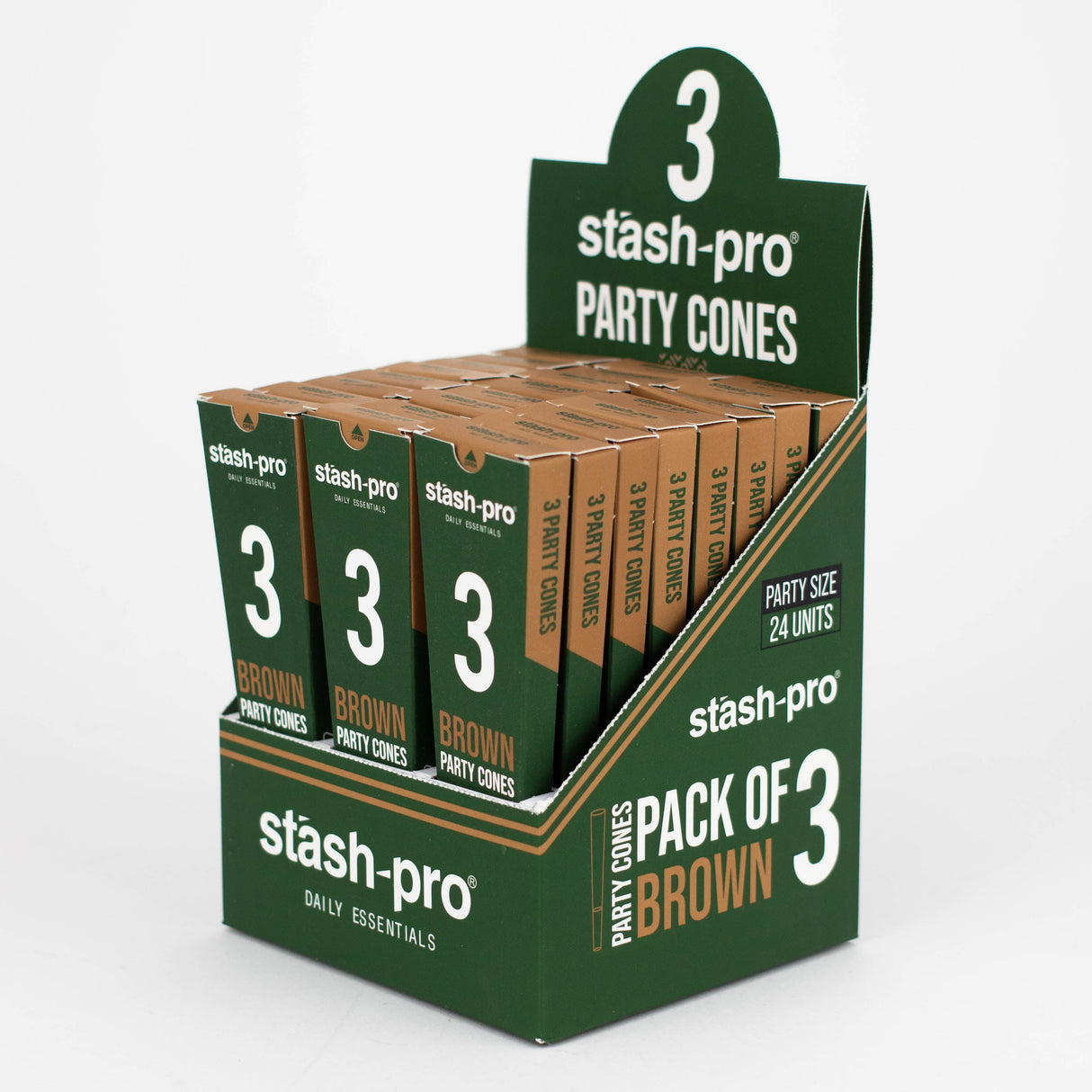 Stash-Pro | Unbleached (Brown) Party Pack 3 Cones box of 24 Pre-rolled Cone (Display Pack) Stash-Pro