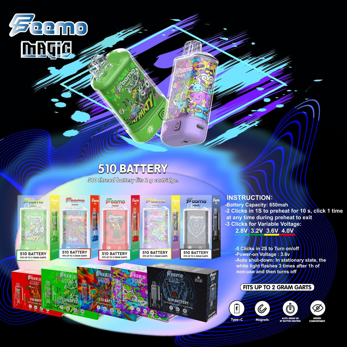 Feemo Magic | 510 Thread Battery Box of 5 510 Battery Smoke & Vape Distributor