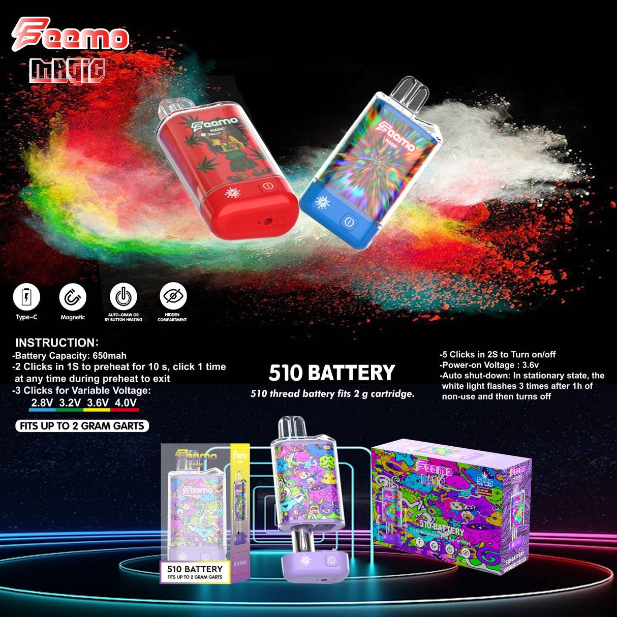 Feemo Magic | 510 Thread Battery Box of 5 510 Battery Smoke & Vape Distributor