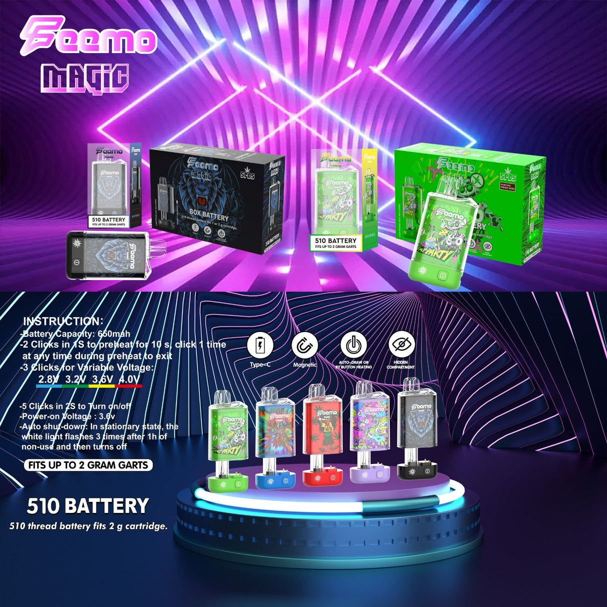 Feemo Magic | 510 Thread Battery Box of 5 510 Battery Smoke & Vape Distributor