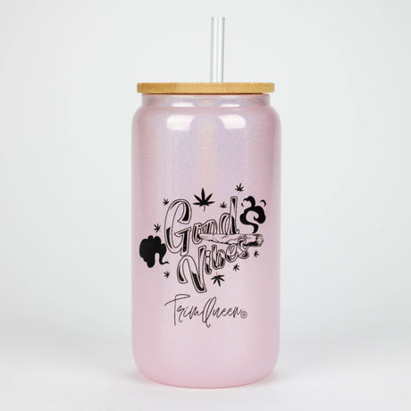 TRIM QUEEN | GOOD VIBES GLASS TUMBLER WITH LID AND STRAW Gadget Trim Queen BLACK LABEL/PINK