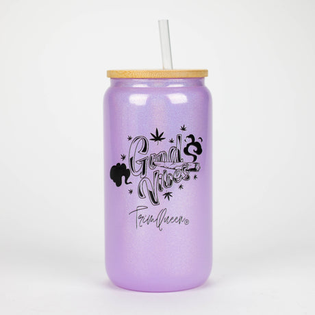 TRIM QUEEN | GOOD VIBES GLASS TUMBLER WITH LID AND STRAW Gadget Trim Queen BLACK LABEL/PURPLE