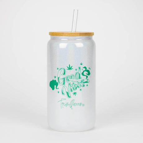 TRIM QUEEN | GOOD VIBES GLASS TUMBLER WITH LID AND STRAW Gadget Trim Queen GREEN LABEL /WHITE