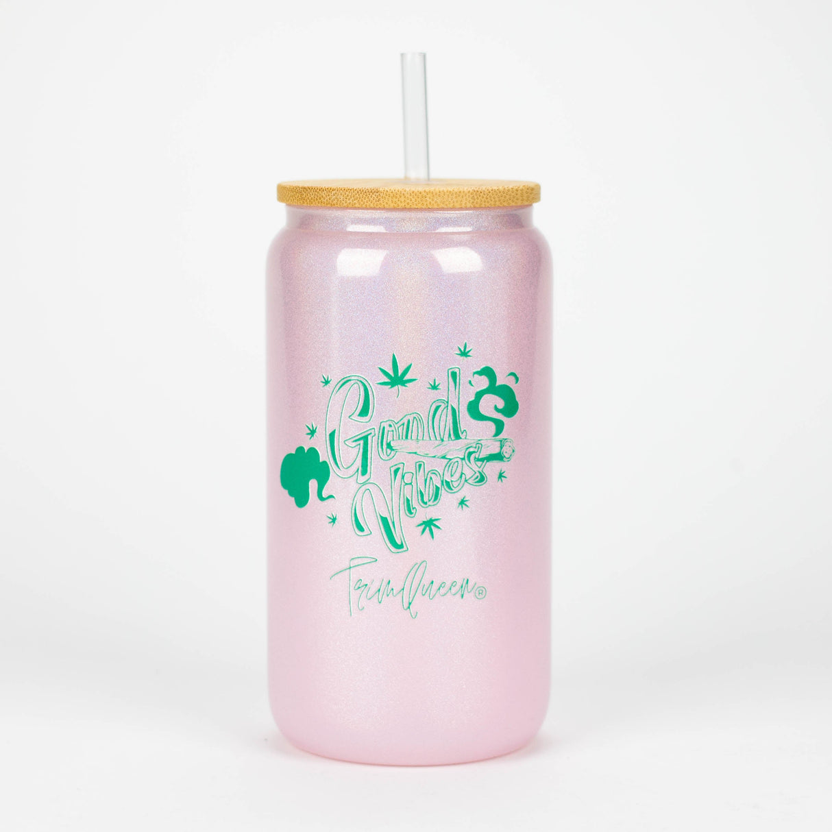 TRIM QUEEN | GOOD VIBES GLASS TUMBLER WITH LID AND STRAW Gadget Trim Queen GREEN LABEL/PINK