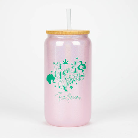 TRIM QUEEN | GOOD VIBES GLASS TUMBLER WITH LID AND STRAW Gadget Trim Queen GREEN LABEL/PINK