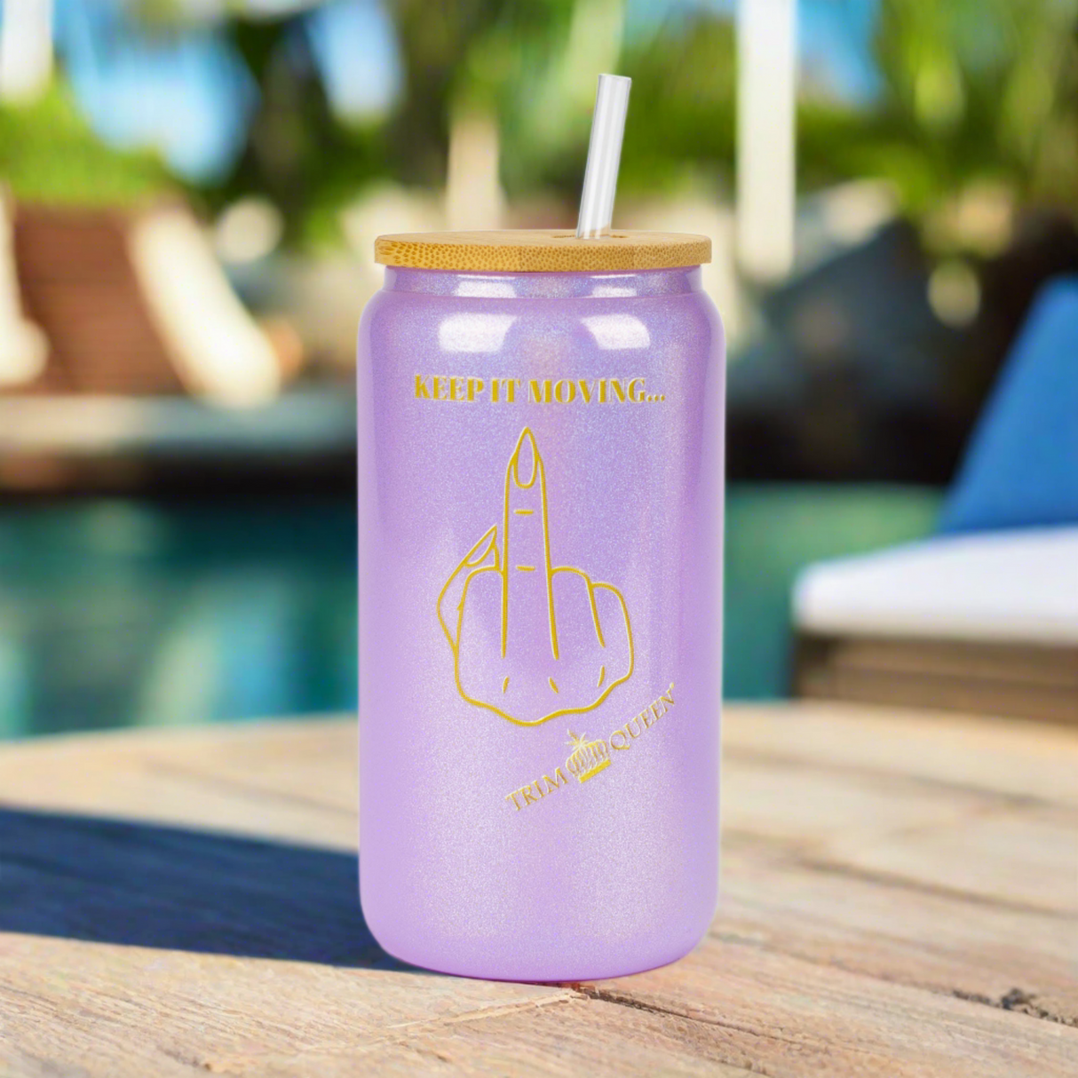 TRIM QUEEN | MIDDLE FINGER GLASS TUMBLER WITH LID AND STRAW Gadget Trim Queen