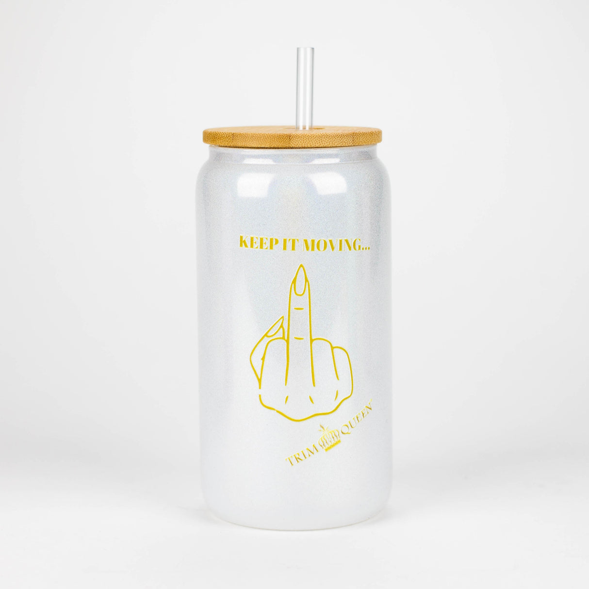 TRIM QUEEN | MIDDLE FINGER GLASS TUMBLER WITH LID AND STRAW Gadget Trim Queen WHITE