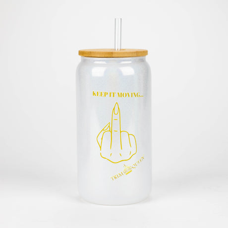 TRIM QUEEN | MIDDLE FINGER GLASS TUMBLER WITH LID AND STRAW Gadget Trim Queen WHITE