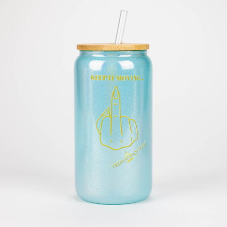 TRIM QUEEN | MIDDLE FINGER GLASS TUMBLER WITH LID AND STRAW Gadget Trim Queen BLUE