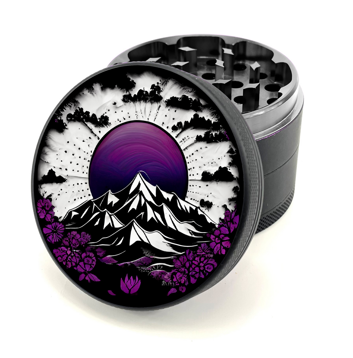 Green Star | 2.5" (63mm) Soft Touch Grinder - Purple Mountain Mandala Design Regular Grinder Green Star Herb Grinders Black