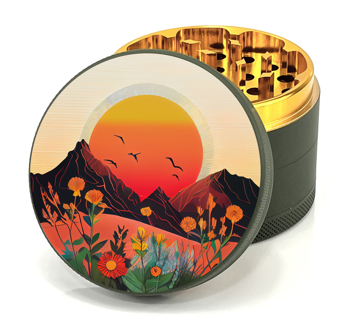 Green Star | 2.5" (63mm) Herb Grinder - Spring Sunrise Design Regular Grinder Green Star Herb Grinders Olive Green Out Gold In