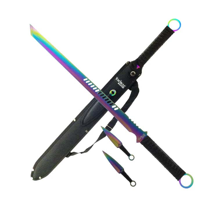 Tactical Master 27" Rainbow Machete Tanto Blade with 2 pcs 6" Throwing Knife Sword · Machete · Axe Super Supplys Inc