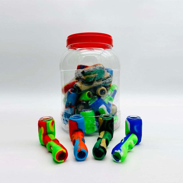 Silicone Handpipe Assorted Colours Jar of 20 Pieces Silicone Pipe Super Supplys Inc
