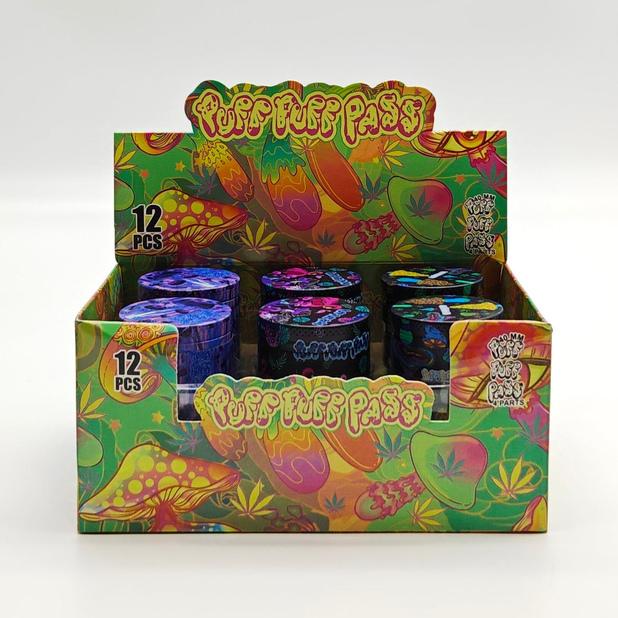 40*34mm 4 Layers Puff Mushroom Design Metal Grinder Box Of 12 Display Pack Super Supplys Inc