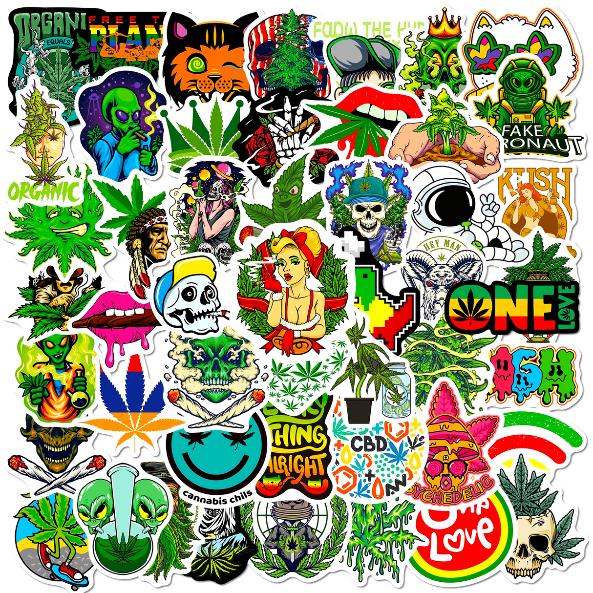 50pcs Assorted Cannabis Design Stickers Gadget Every Weekend Option K