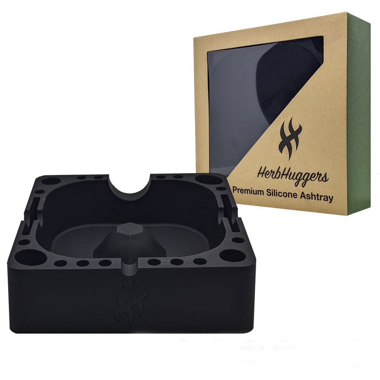 Herbhuggers | Premium Silicone Ashtray Featuring Center Tap Ash and Glassware Clearer with Accessory Organizing Slot Holders Silicone Ashtray Herbhuggers Tuxedo (Solid Black)