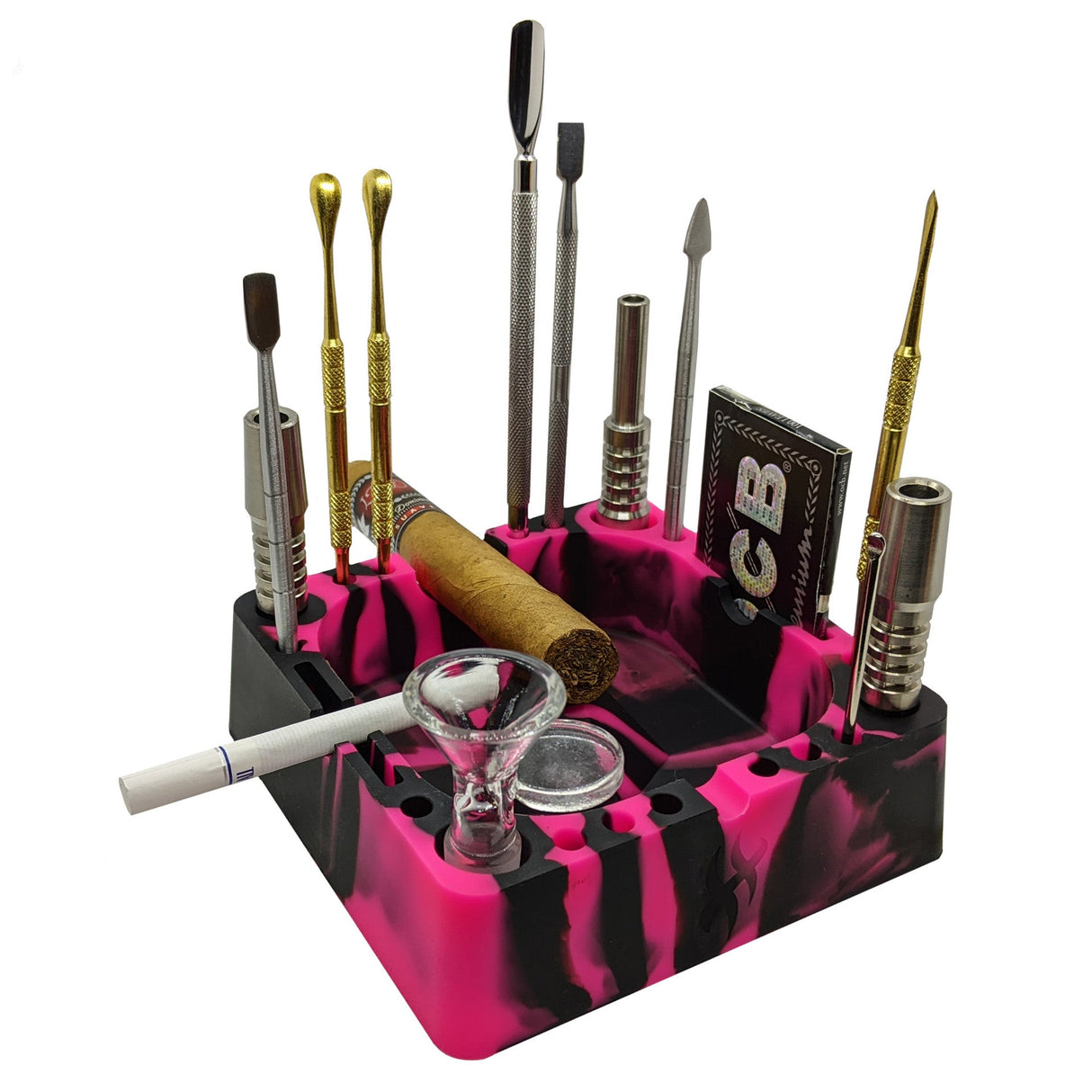 Herbhuggers | Premium Silicone Ashtray Featuring Center Tap Ash and Glassware Clearer with Accessory Organizing Slot Holders Silicone Ashtray Herbhuggers