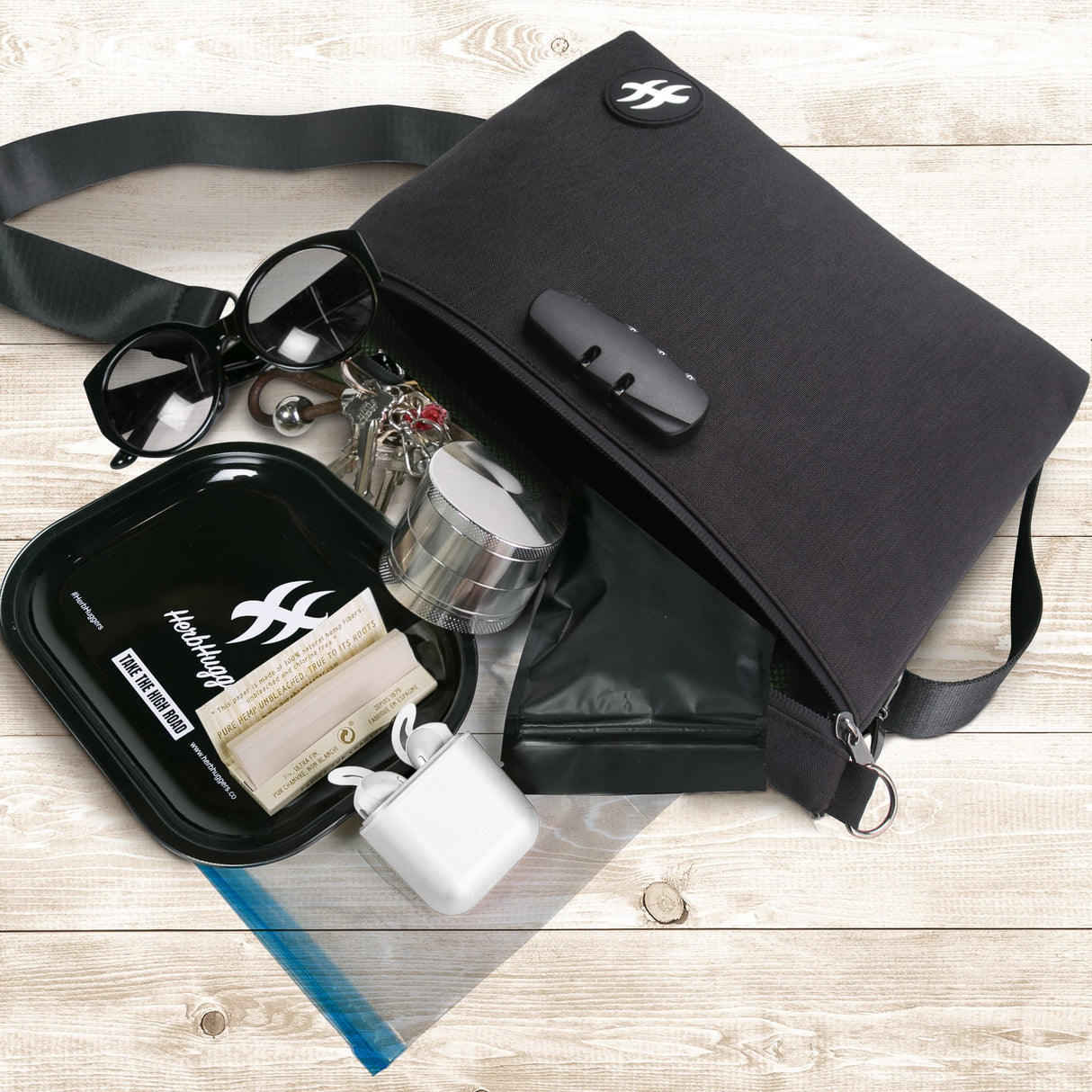 Herbhuggers | Smell Proof Bag with Combination Lock + Metal Rolling Tray Pouch Herbhuggers