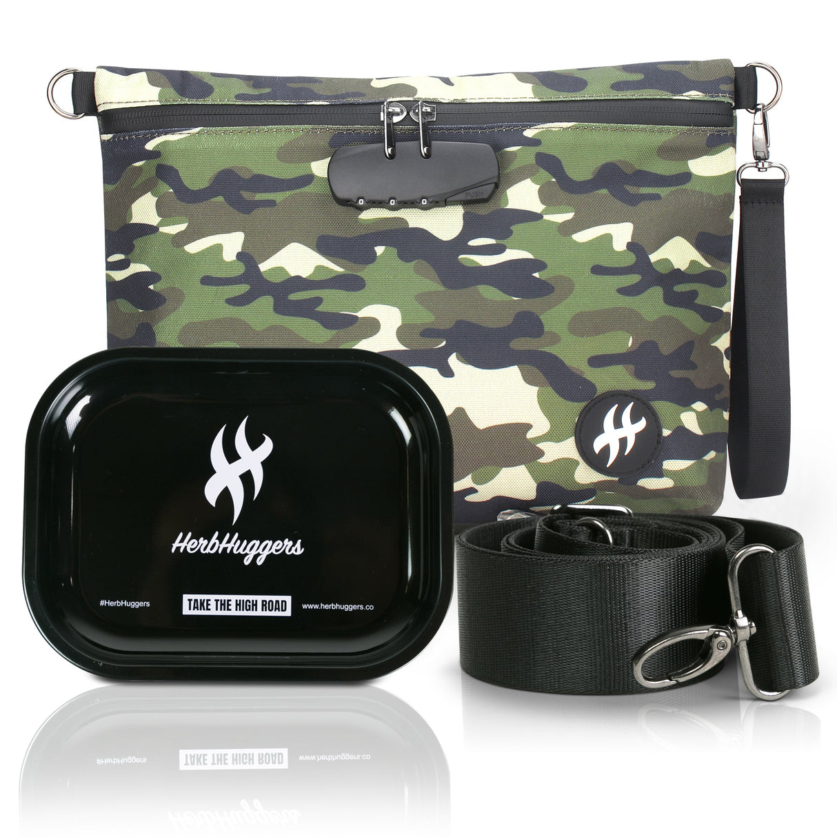 Herbhuggers | Smell Proof Bag with Combination Lock + Metal Rolling Tray Pouch Herbhuggers Woodlands Camouflage (Green/Black/Brown/Beige)