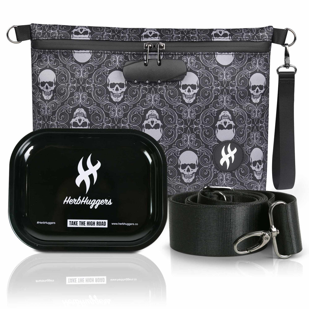 Herbhuggers | Smell Proof Bag with Combination Lock + Metal Rolling Tray Pouch Herbhuggers Tombstoned (Black/Gray)