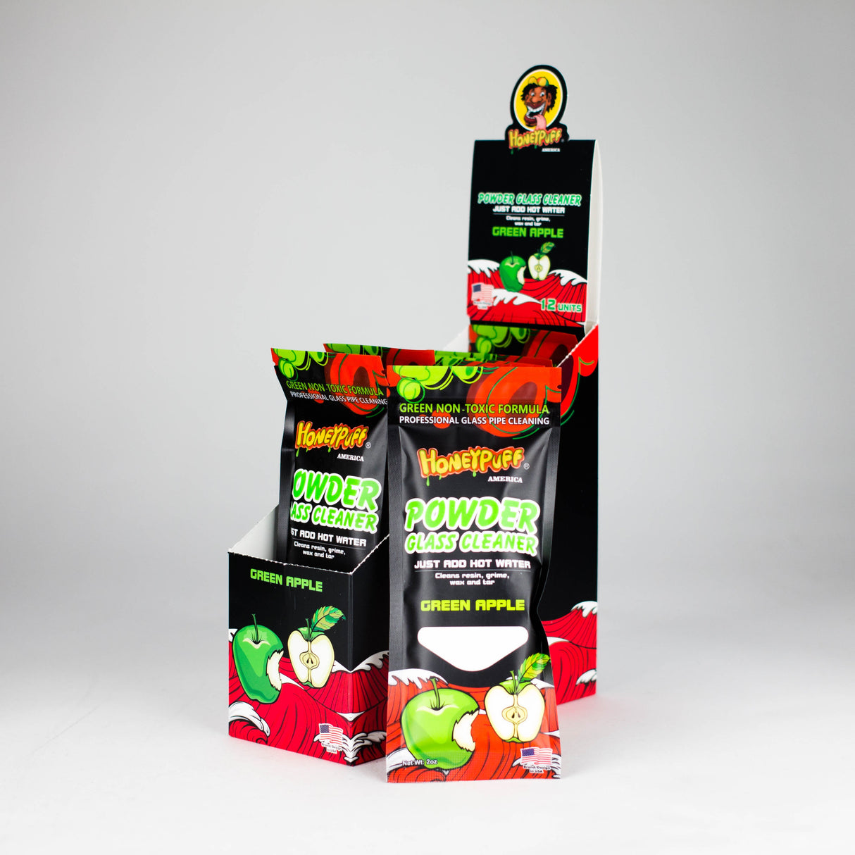 Honeypuff | Glass Cleaner Powder Box of 12 (Non-Toxic Pack) Cleaner 777 Smoke Green Apple