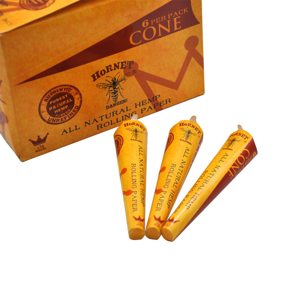 HORNET | 1-1/4 Size Natural Pre-Rolled Paper Cones 6 x 24CT Pre-rolled Cone (Display Pack) Super Supplys Inc