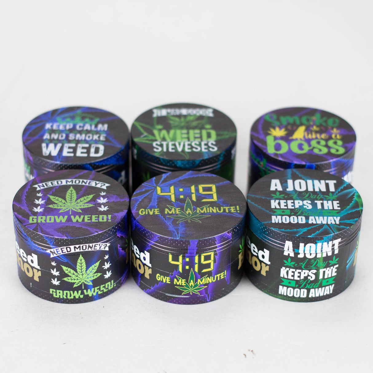 2" Metal Grinder 4 Layers with Weed Humor Design Box of 12 Display Pack 777 Smoke