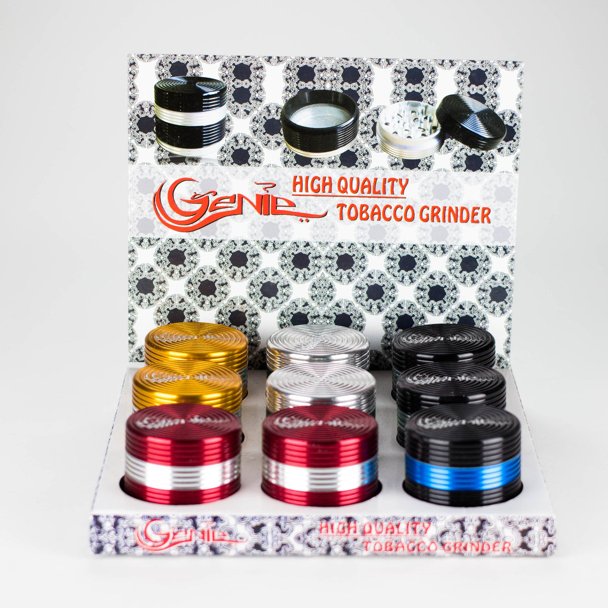 Genie | Two tone Aluminum 4pts Grinder Box of 9 Display Pack JJ Distribution