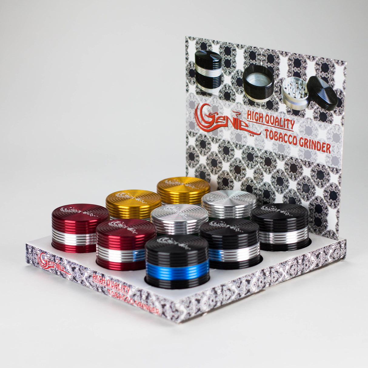 Genie | Two tone Aluminum 4pts Grinder Box of 9 Display Pack JJ Distribution
