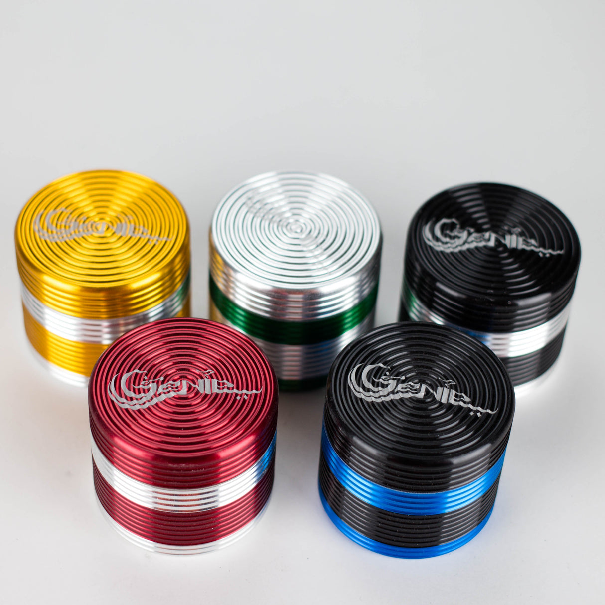Genie | Two tone Aluminum 4pts Grinder Box of 9 Display Pack JJ Distribution