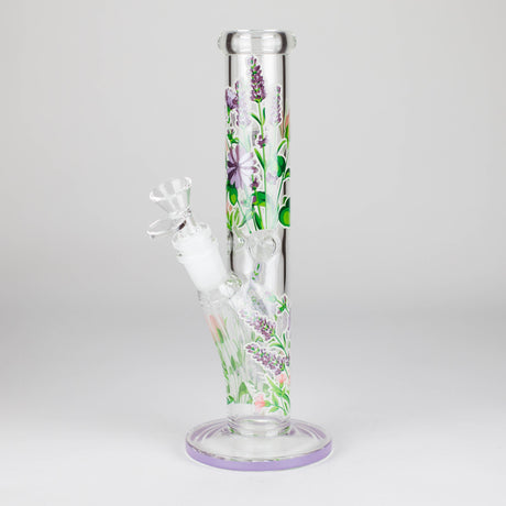 Z10" Glow in the dark Staight Tube Glass Bong With Flower Design Glass Bong 777 Smoke Lavender