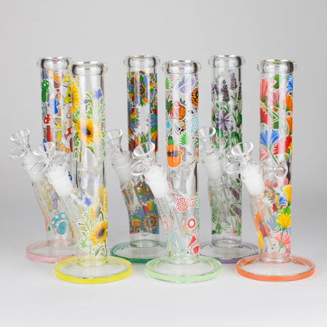 Z10" Glow in the dark Staight Tube Glass Bong With Flower Design Glass Bong 777 Smoke