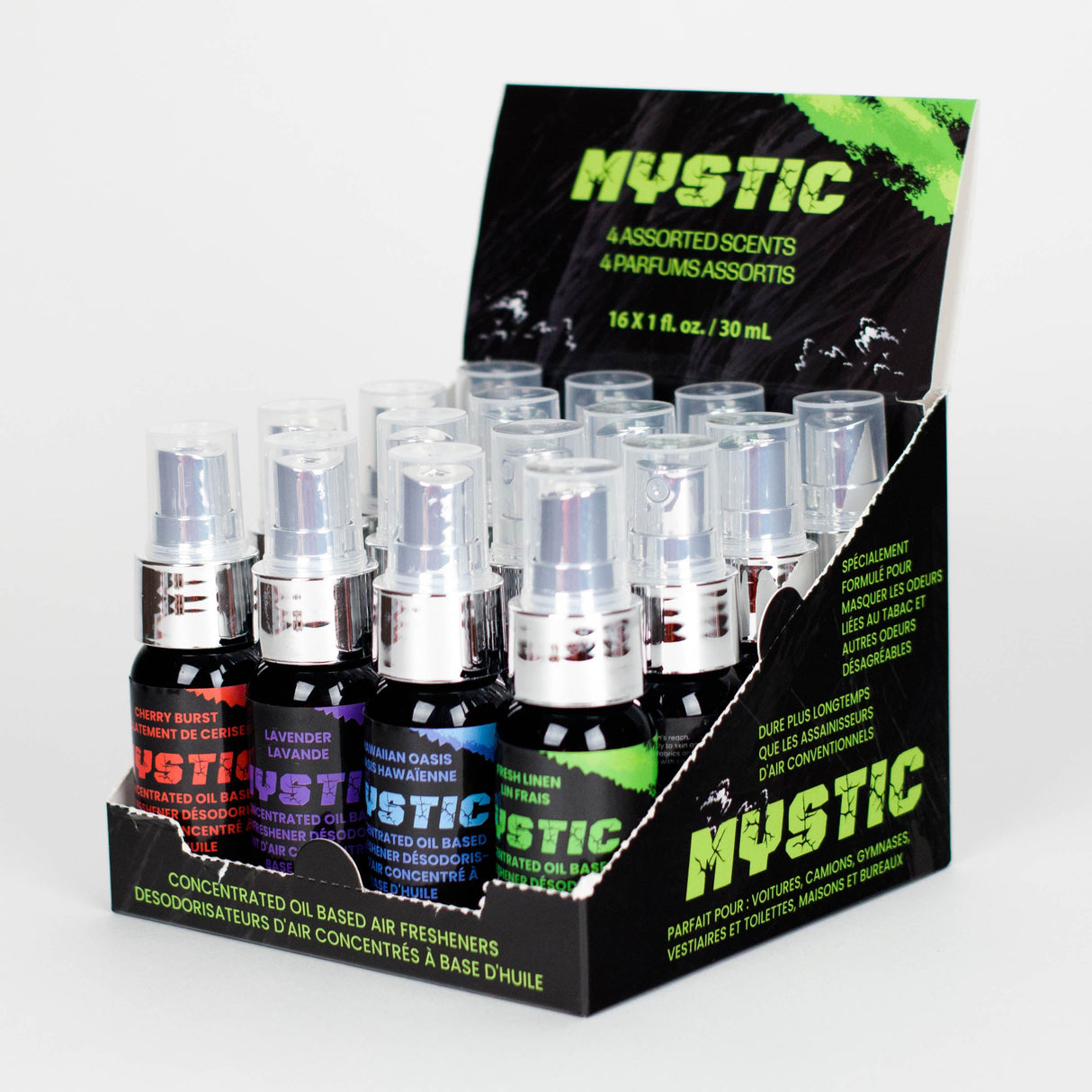 Mystic | Oil-Based Air Freshener Display - 16 Pieces (1 fl.oz / 30ml Each) CANADIAN Brand Odour Eliminator Spray Smoking Cat Distribution