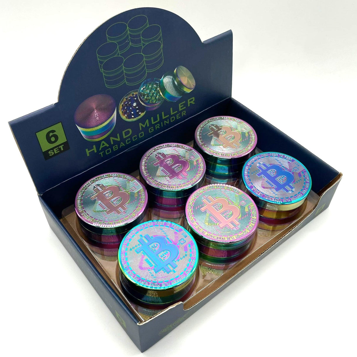 Bitcoin Grinder 4-Part – 63mm Premium Metal Herb Grinder (Box of 6) Display Pack NIBO Distribution