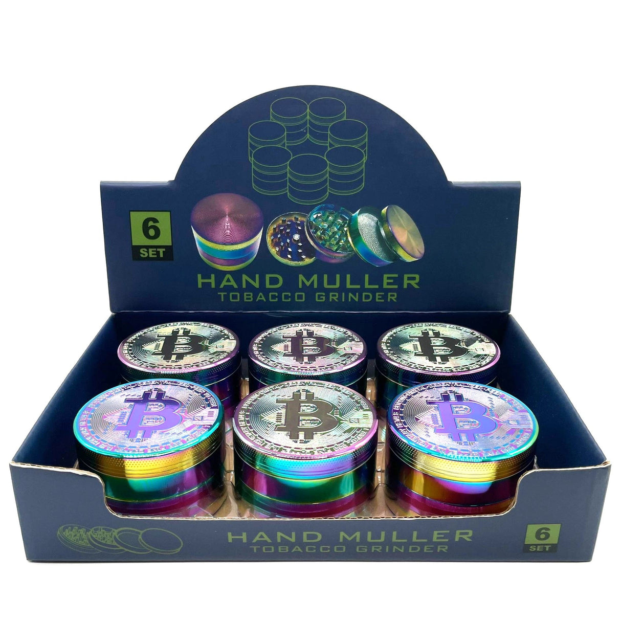 Bitcoin Grinder 4-Part – 63mm Premium Metal Herb Grinder (Box of 6) Display Pack NIBO Distribution