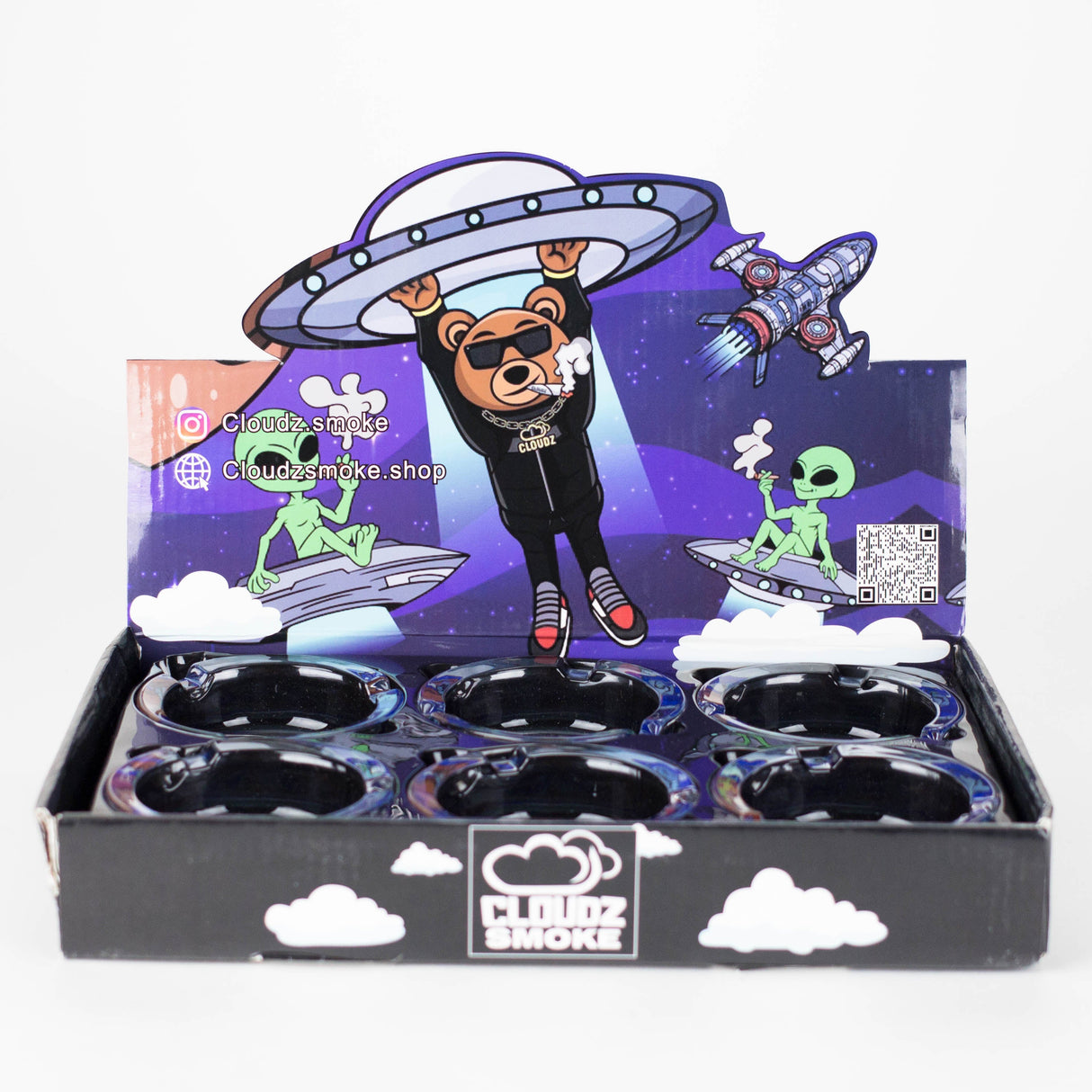 Cloudz | Alien Ashtray Display – 6 Count – 3.25" Diameter Glass Ashtray Cloudz Smoke