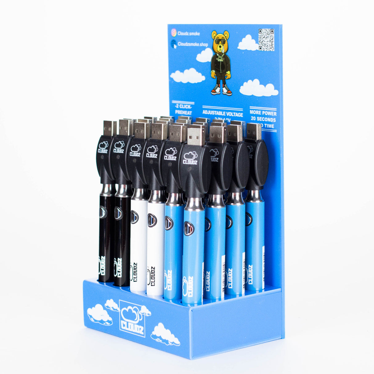 Cloudz | 510 Batteryz Display Box – USB Charger Included – 24 Count 510 Battery Cloudz Smoke