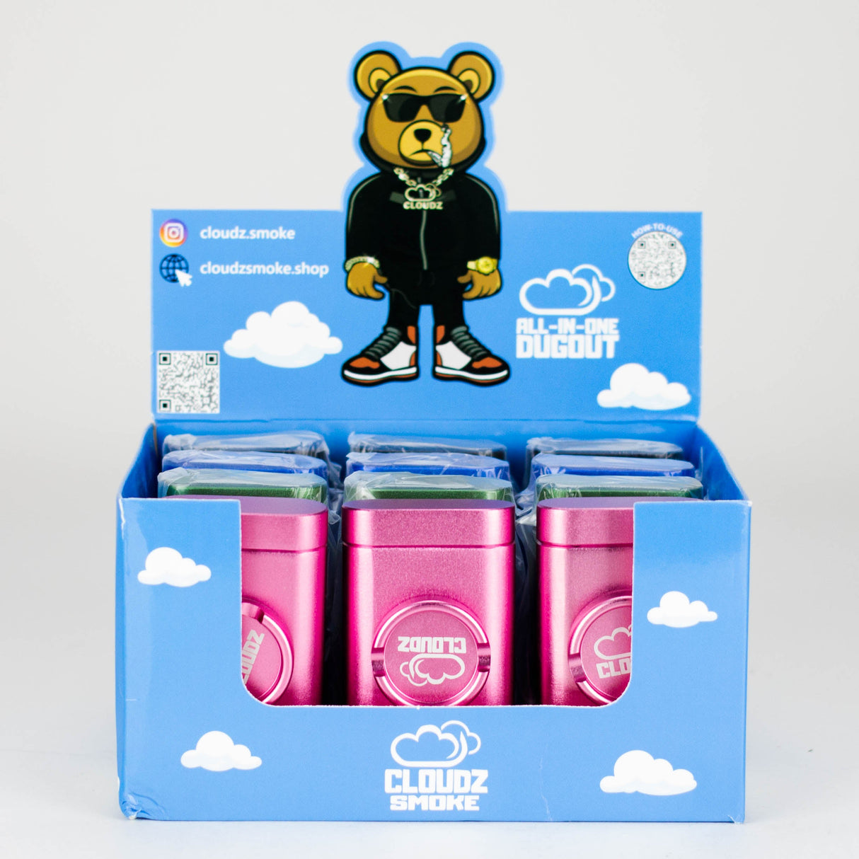 Cloudz | All-In-One Dugout Display Box – Grinder + Hitter – 12 Count Display Pack Cloudz Smoke