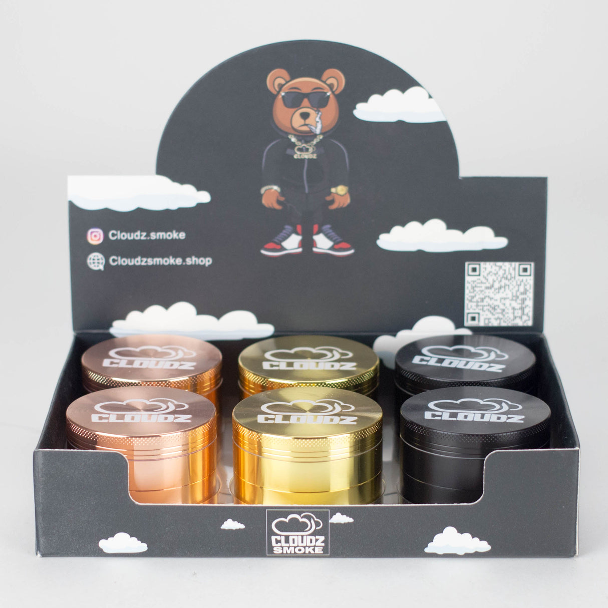 Cloudz | Grinderz Display Box – Platinum Edition – 55mm 4-Piece Grinder – 6 Count Display Pack Cloudz Smoke