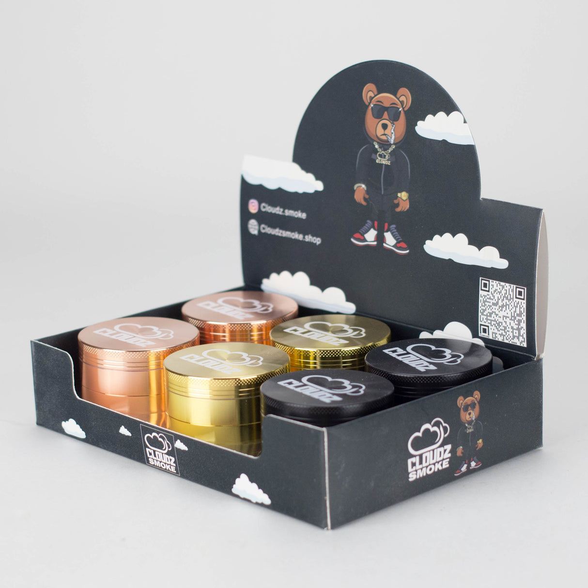 Cloudz | Grinderz Display Box – Platinum Edition – 55mm 4-Piece Grinder – 6 Count Display Pack Cloudz Smoke