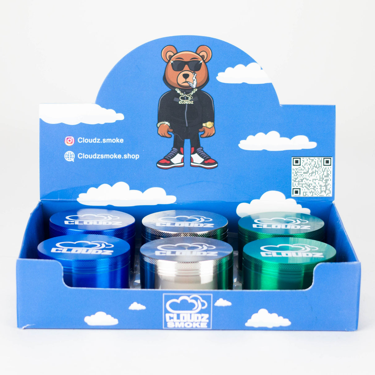 Cloudz | Grinderz Display Box – Platinum Edition – 63MM 4-Piece Grinder – 6 Count Display Pack Cloudz Smoke