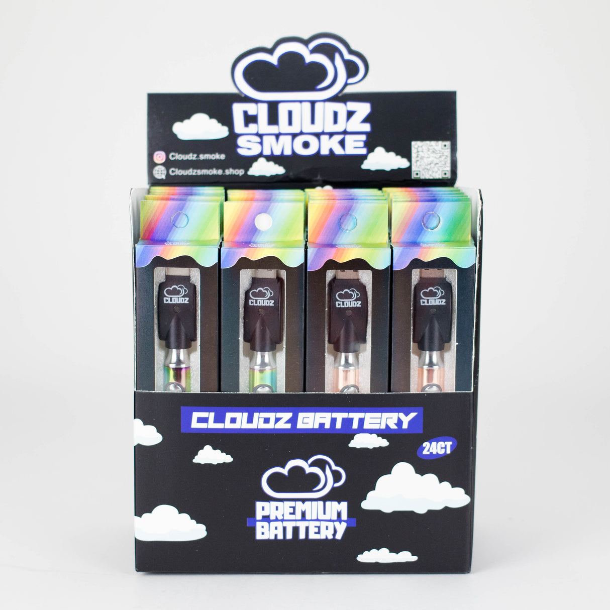 Cloudz | 510 Batteryz Individually Packaged Display Box – USB Charger – 24 Count 510 Battery Cloudz Smoke