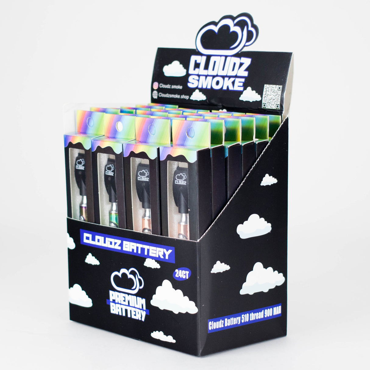 Cloudz | 510 Batteryz Individually Packaged Display Box – USB Charger – 24 Count 510 Battery Cloudz Smoke
